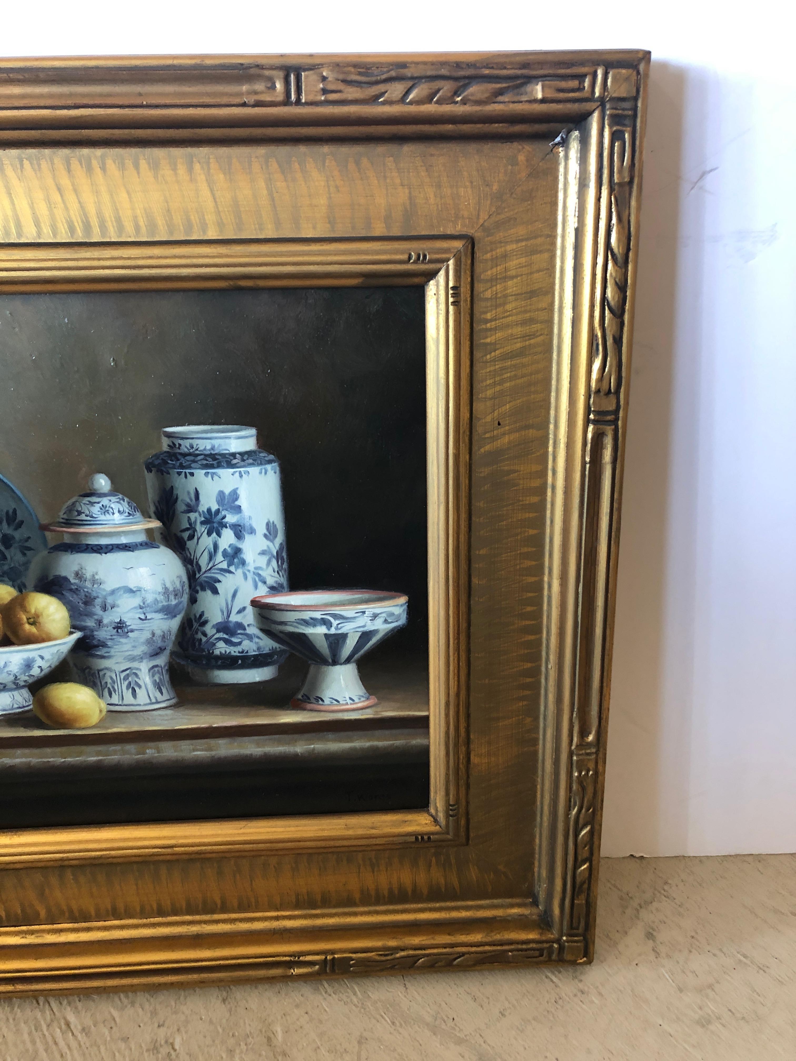 North American Beautiful Realistic Still Life Painting of Blue and White Chinese Export
