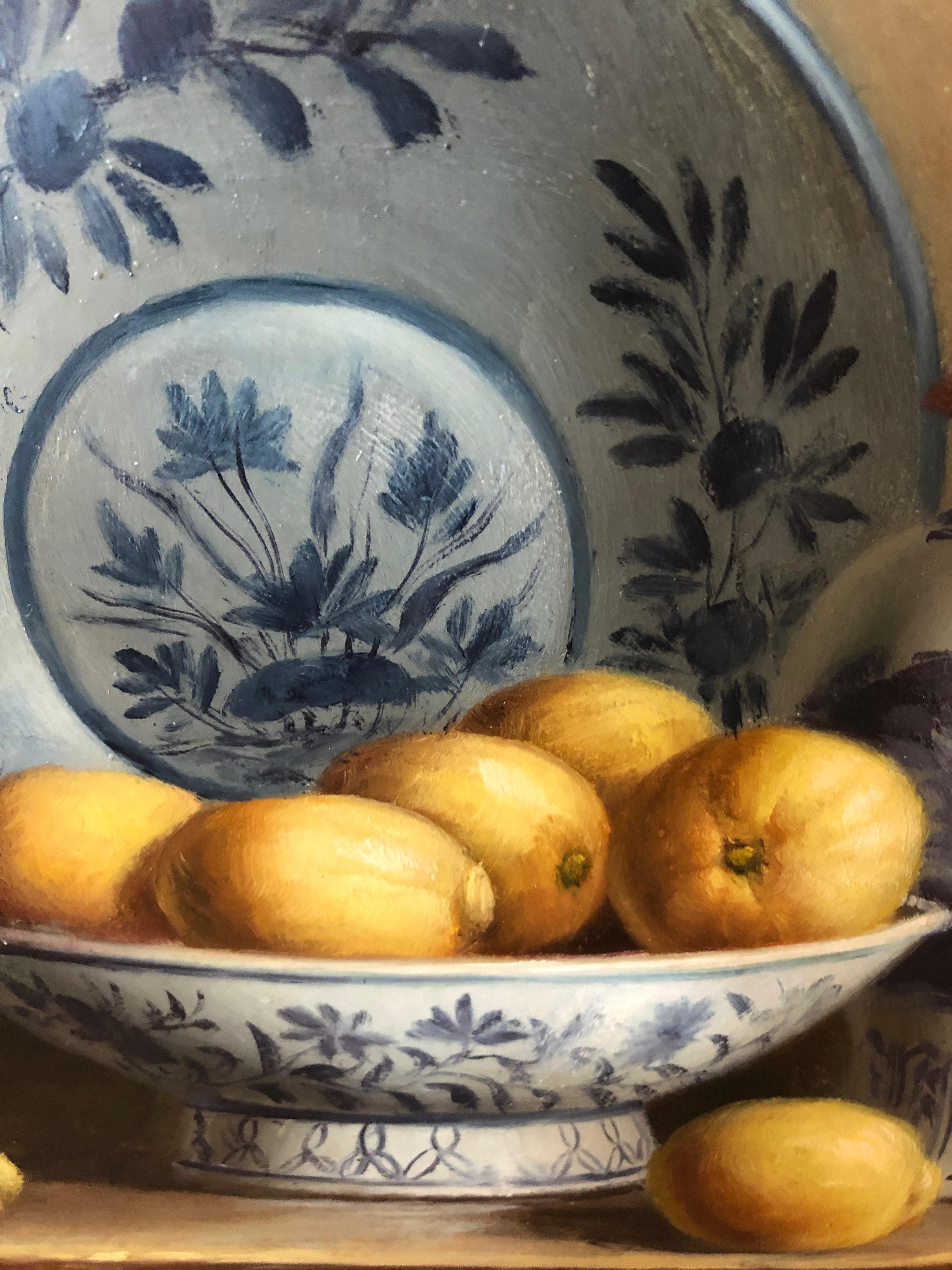 Hand-Painted Beautiful Realistic Still Life Painting of Blue and White Chinese Export