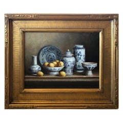 Vintage Beautiful Realistic Still Life Painting of Blue and White Chinese Export