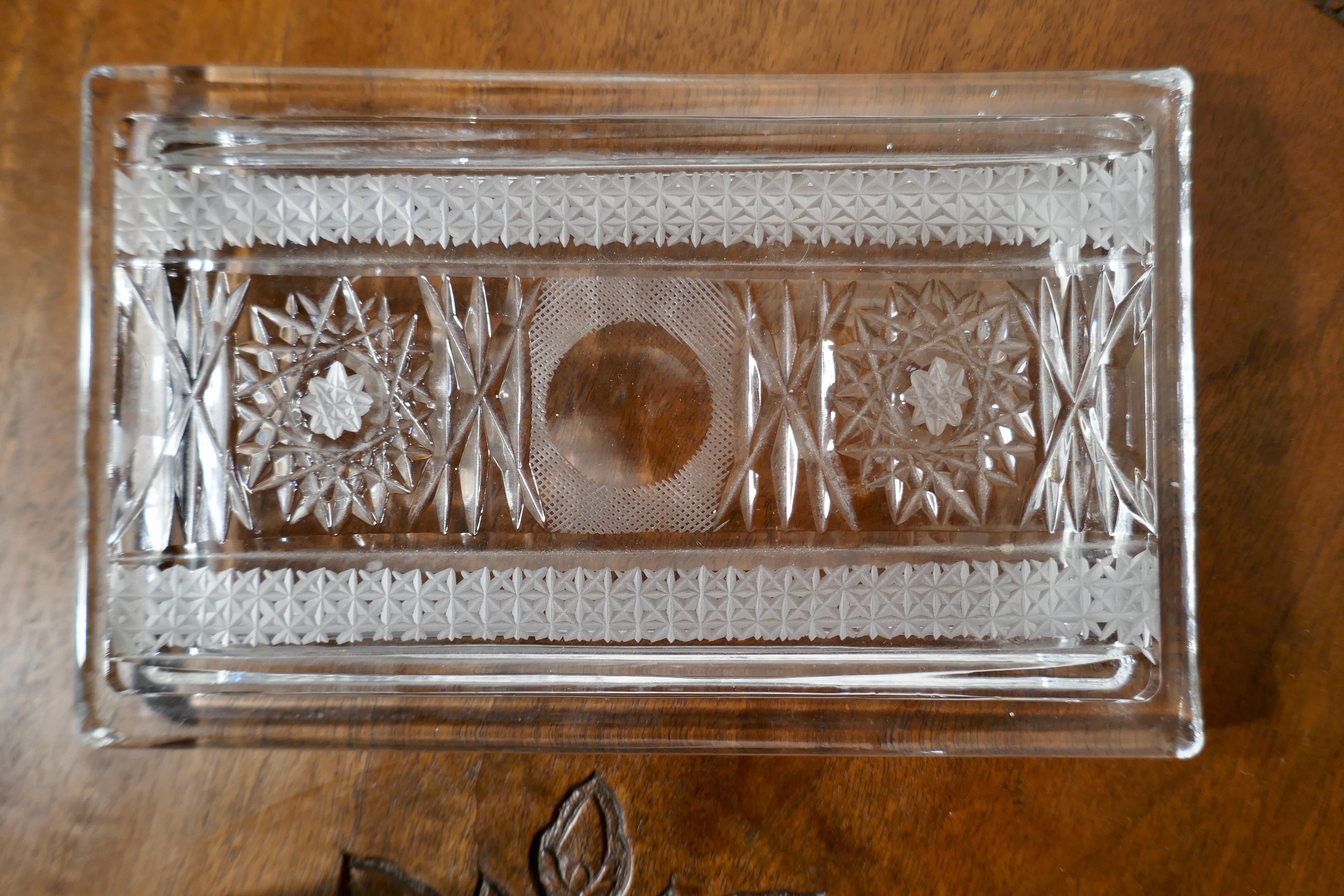 Beautiful rectangular star cut crystal dish or box with cover

A charming piece, possible table wear like a butter dish or a cigarette box
The Box is in high quality crystal in excellent condition and heavy
It is 3” high, and 7.5”x 4.4”
PG67.