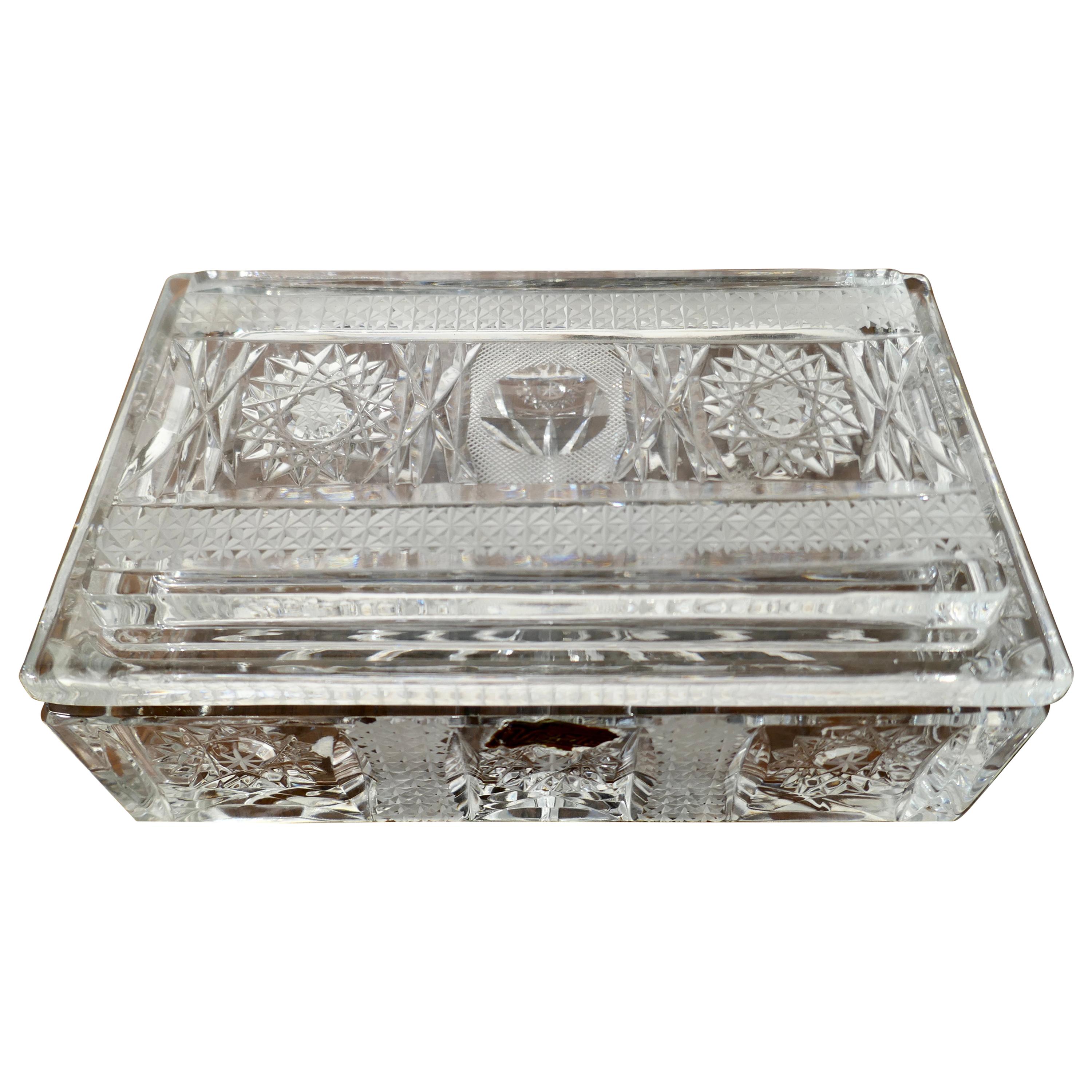 Beautiful Rectangular Star Cut Crystal Dish or Box with Cover