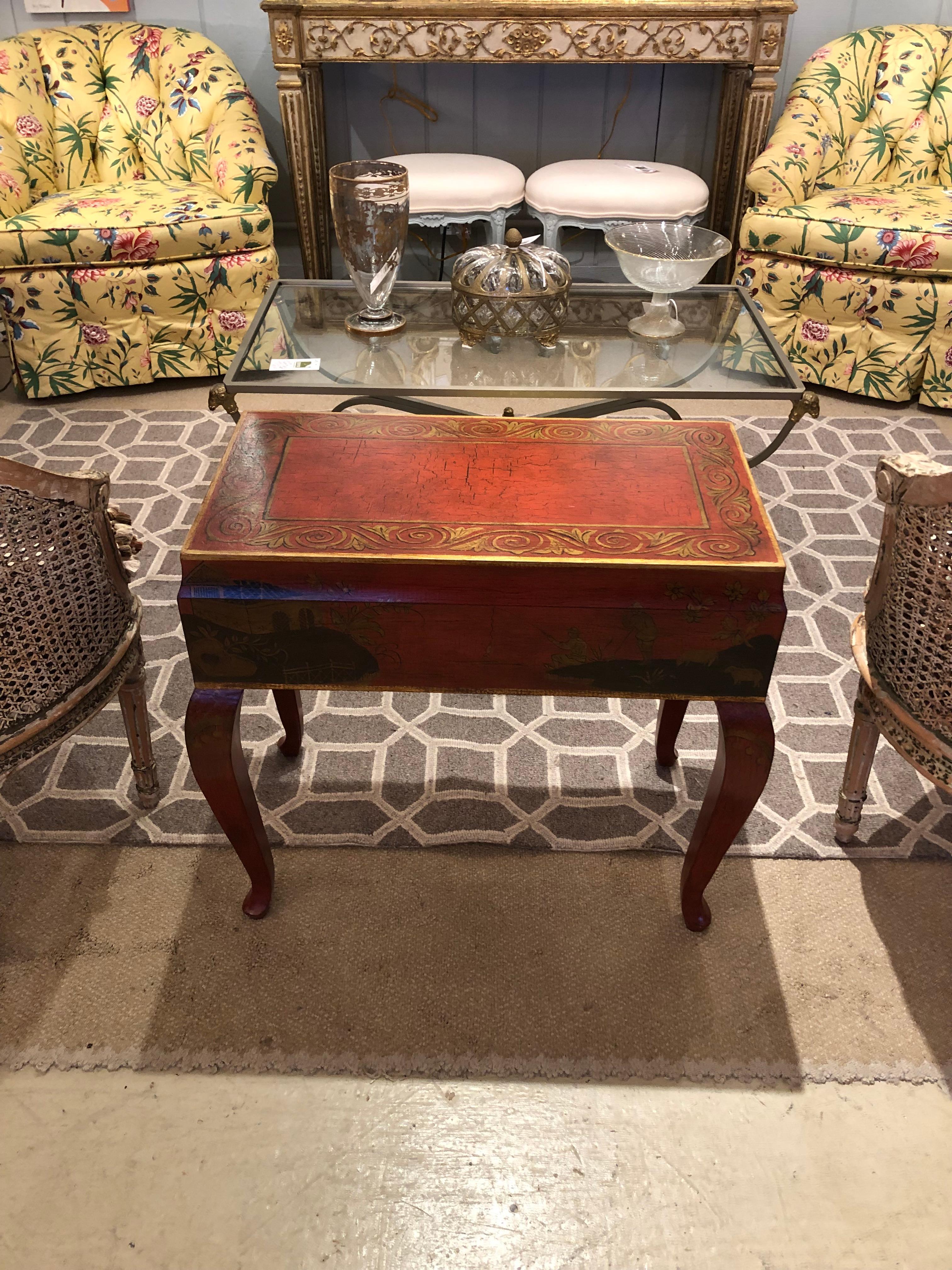 Beautiful Red Black and Gold Chinoiserie Style End Table 6