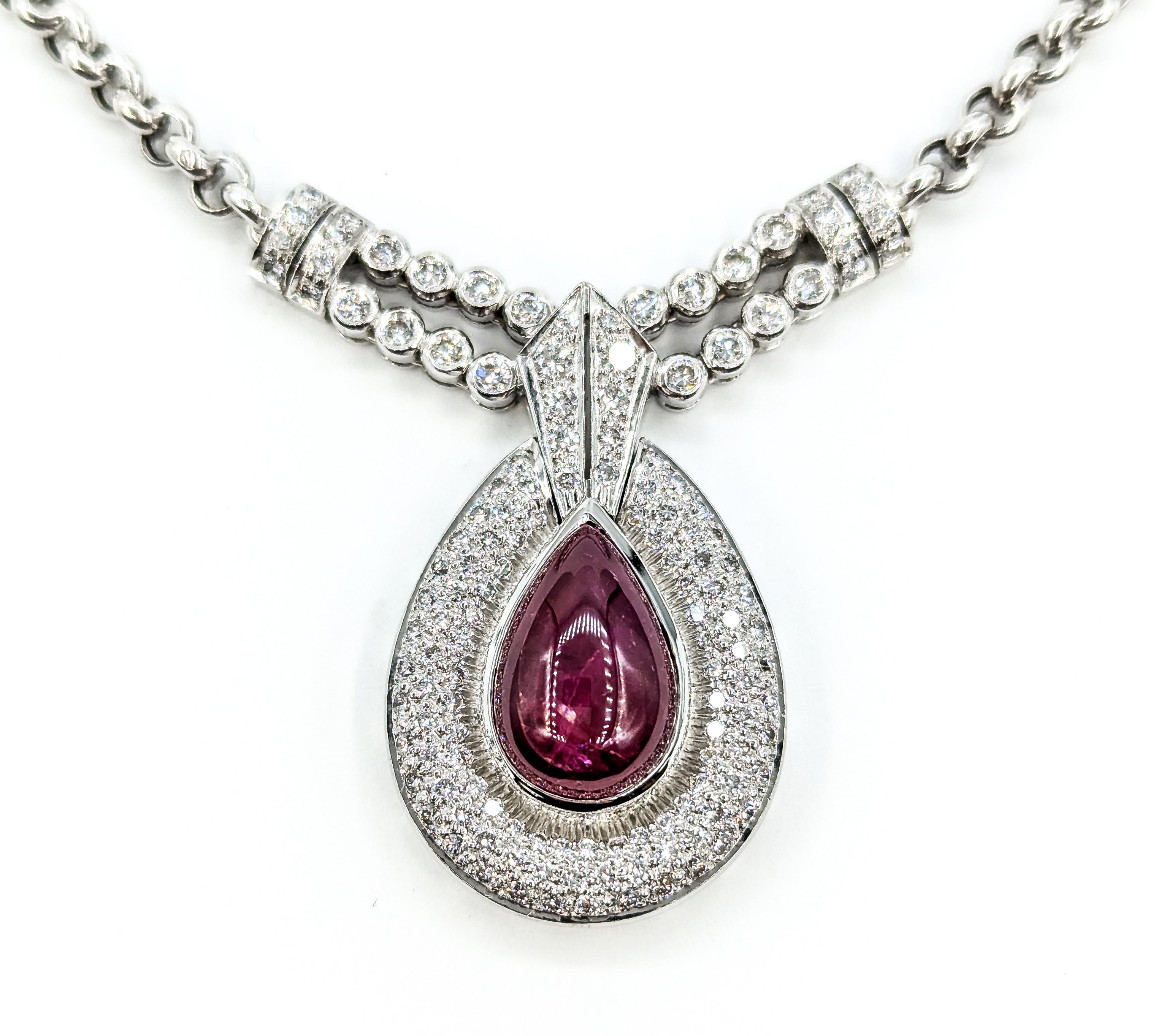 Bellissima collana di rubini rossi cabochon e diamanti in oro bianco 18 carati In condizioni ottime in vendita a Bloomington, MN