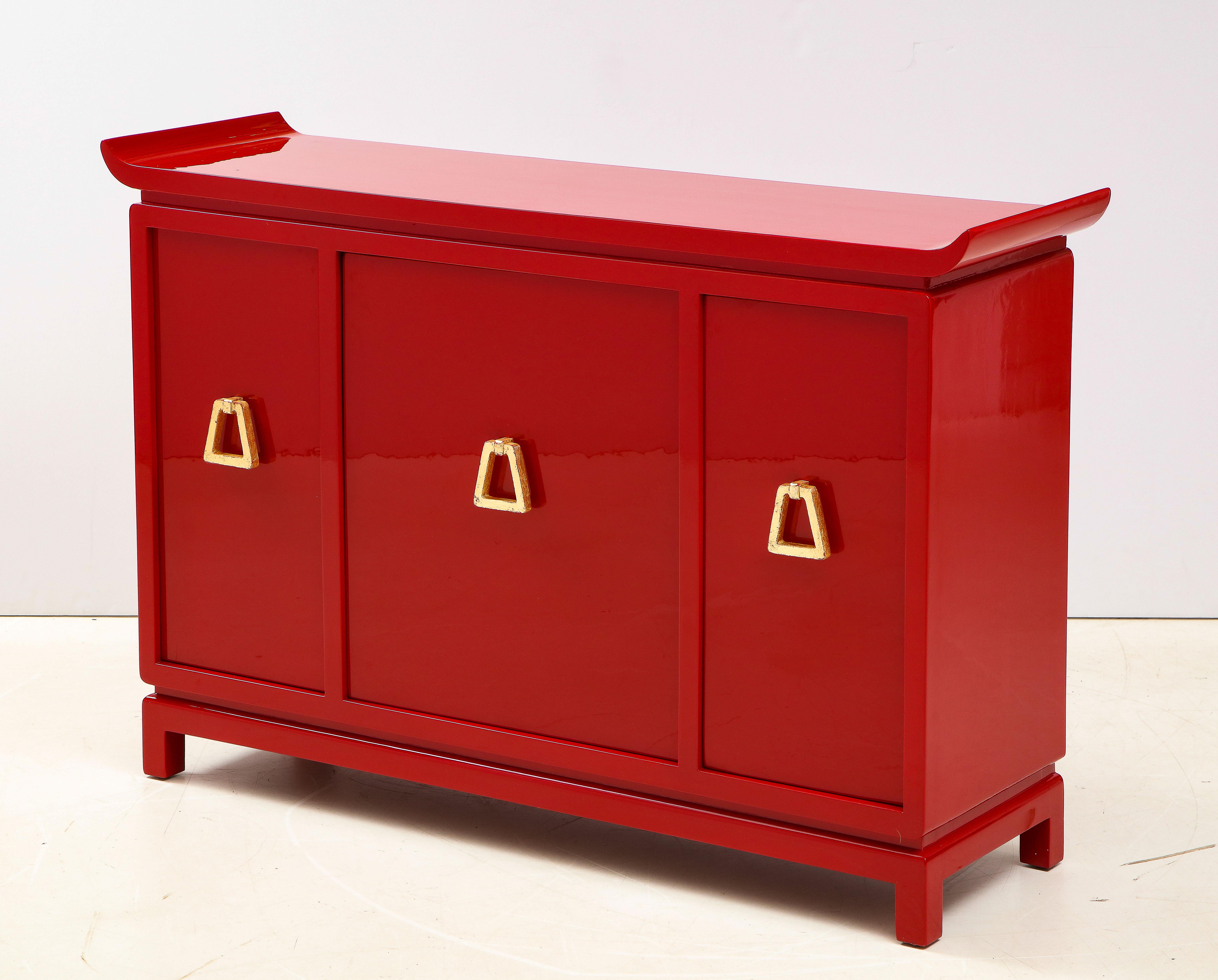 Mid-Century Modern Beautiful Red Lacquered Cabinet by James Mont For Sale