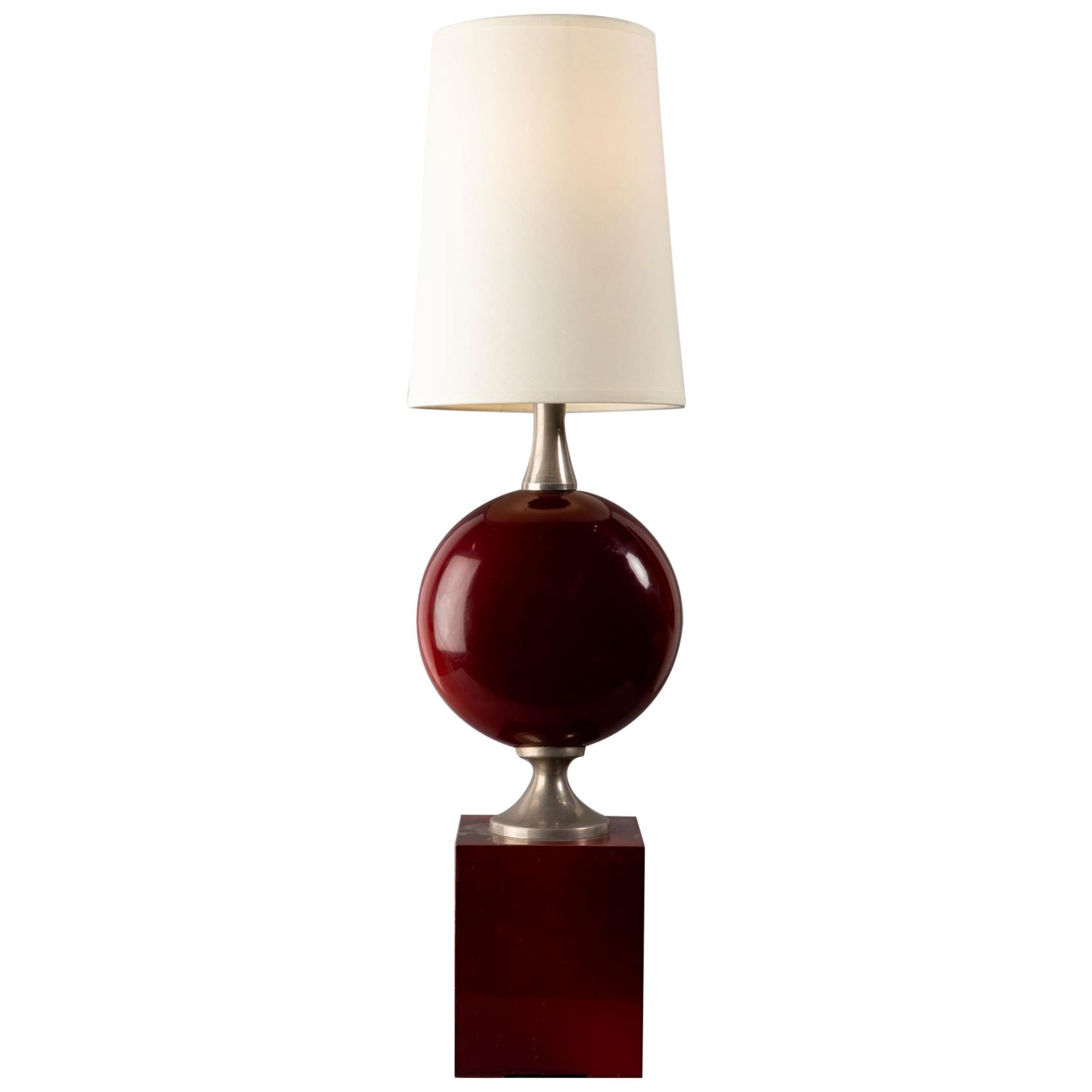 Beautiful Red Lacquered Metal Table Lamp by Philippe Barbier, France, 1970s For Sale