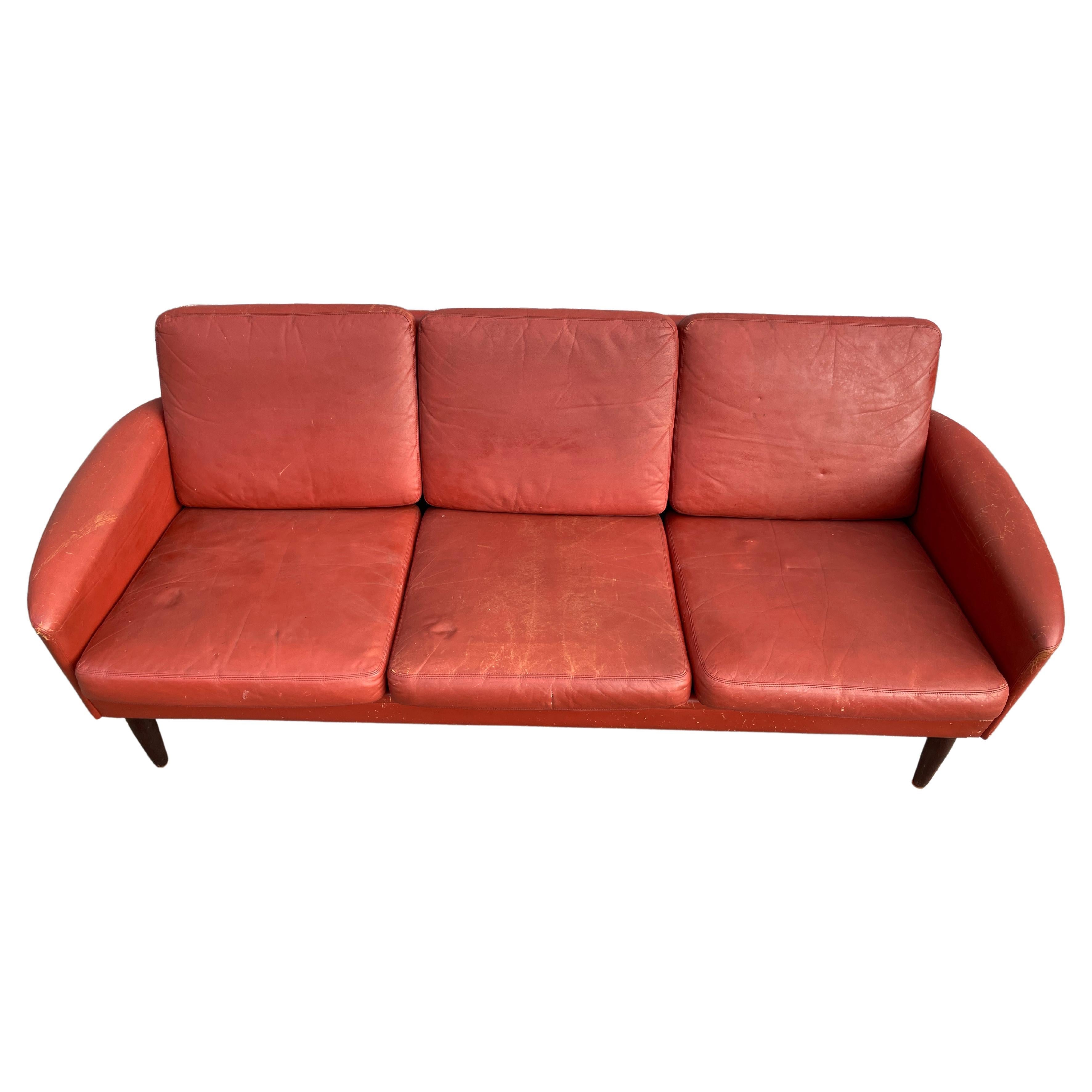 Red Leather Low Danish Modern 6 Foot Couch Sofa Rosewood Legs at 1stDibs