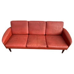 Red Leather Low Danish Modern 6 Foot Couch Sofa Rosewood Legs