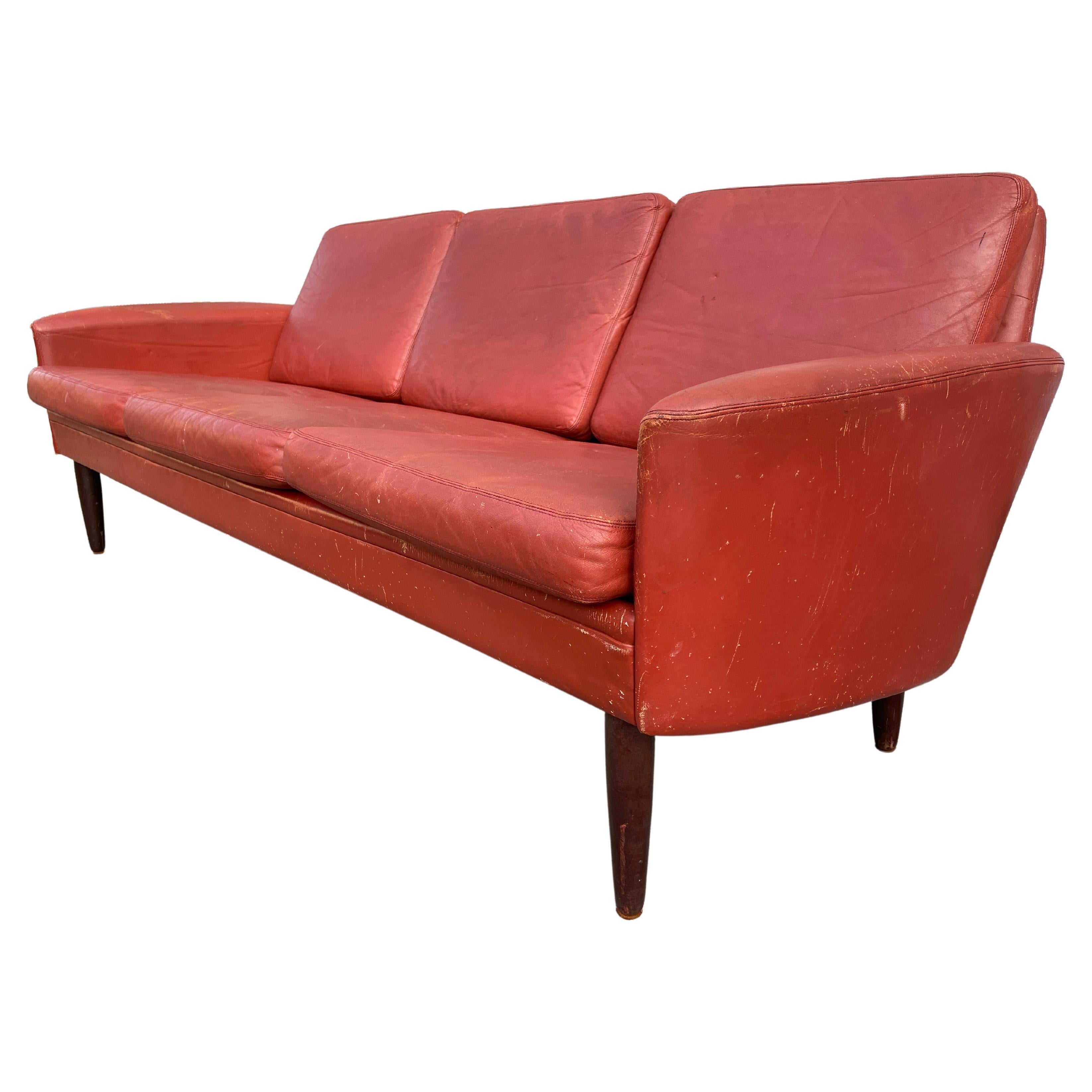 Red Leather Low Danish Modern 6 Foot Couch Sofa Rosewood Legs In Fair Condition In BROOKLYN, NY