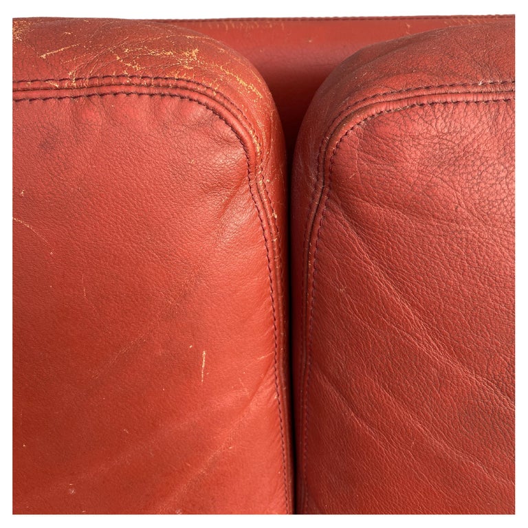 Beautiful Red Leather Low Danish Modern 6 Foot Couch Sofa Rosewood Legs