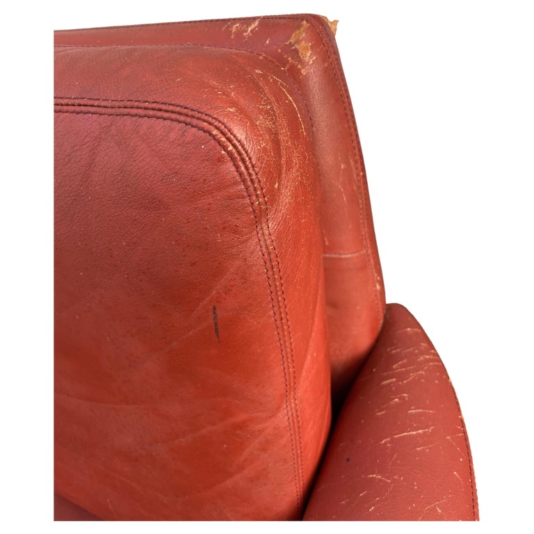 Red Leather Low Danish Modern 6 Foot Couch Sofa Rosewood Legs For Sale