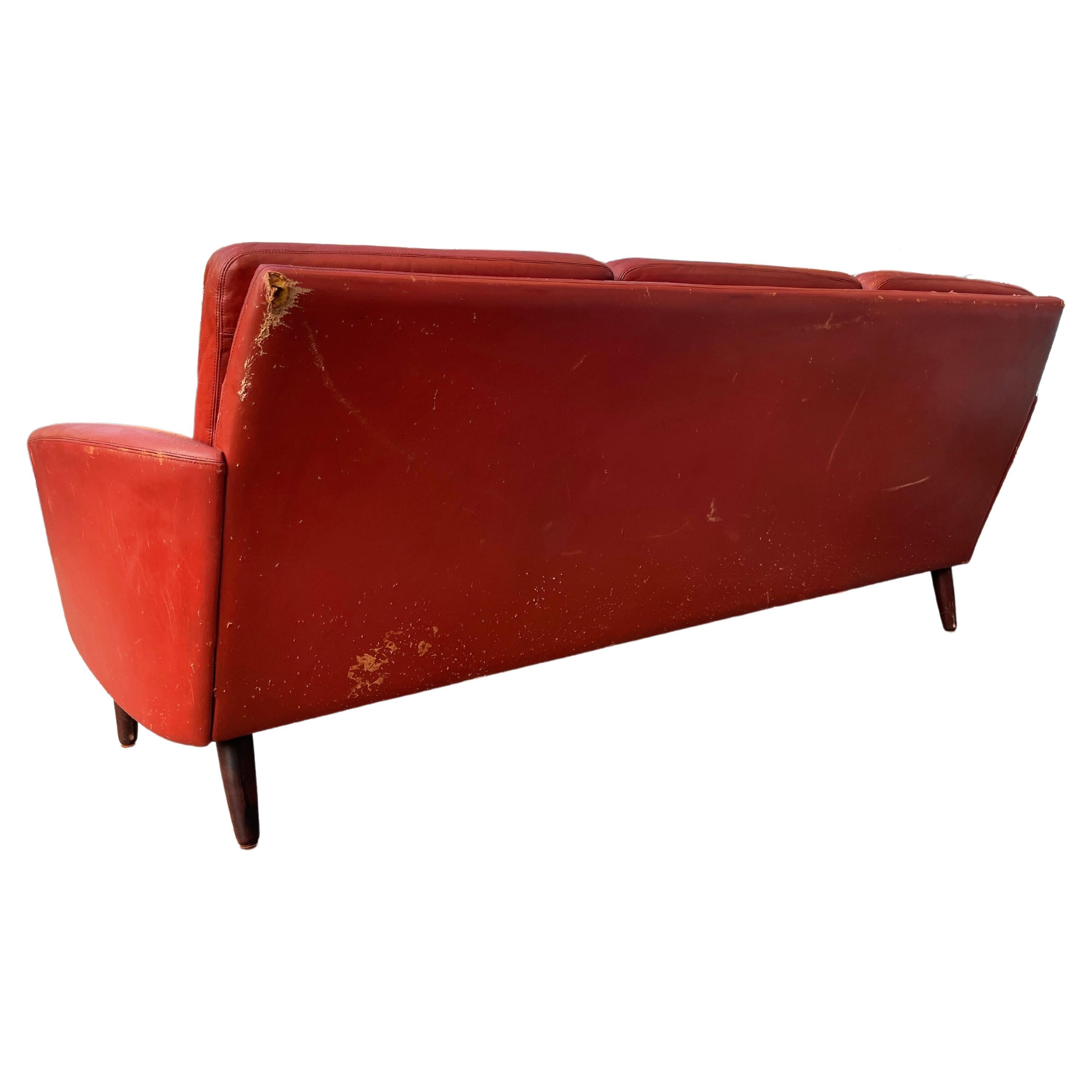 Red Leather Low Danish Modern 6 Foot Couch Sofa Rosewood Legs 4