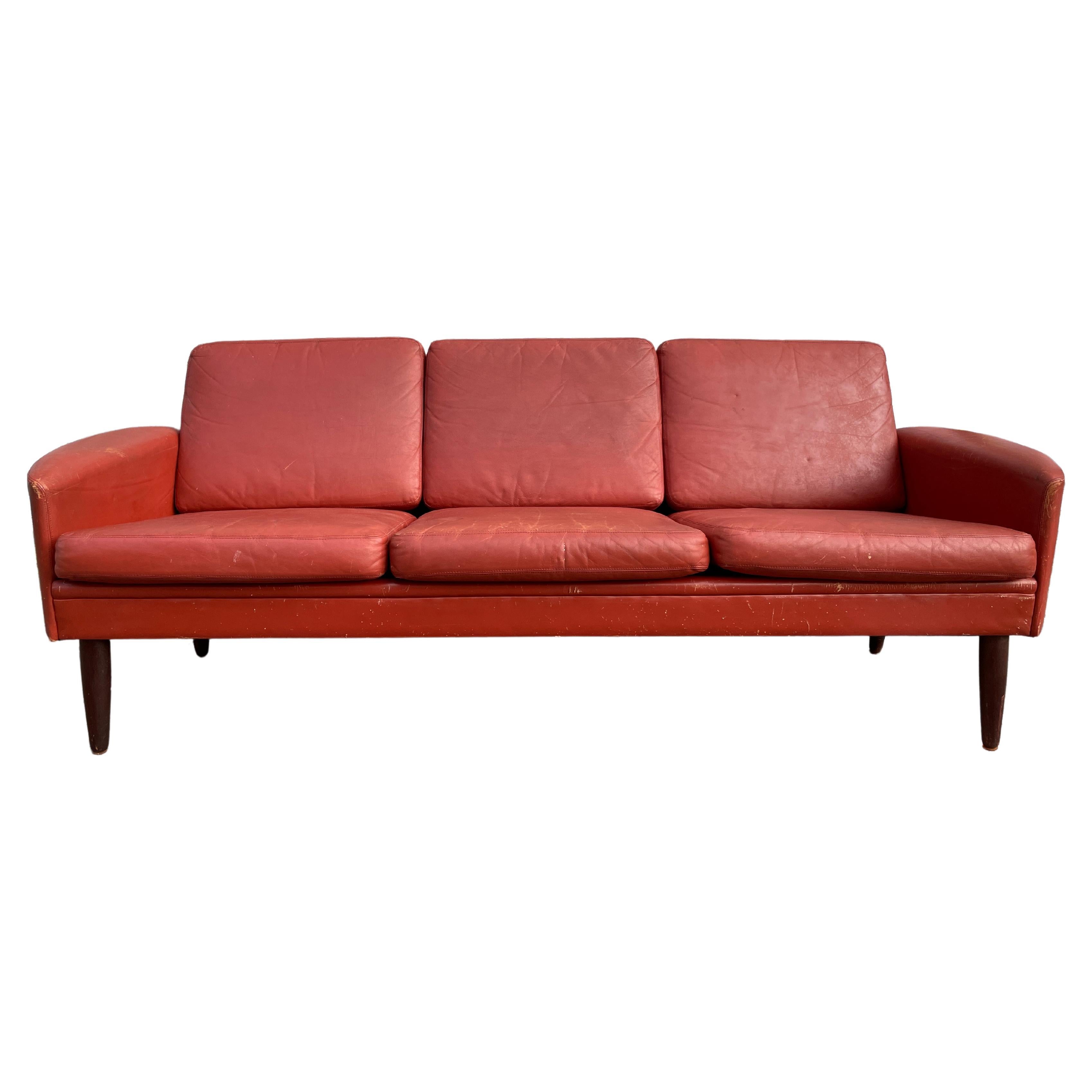 Red Leather Low Danish Modern 6 Foot Couch Sofa Rosewood Legs