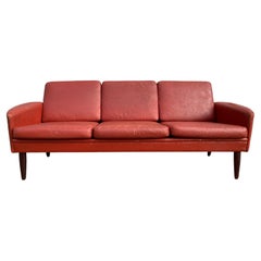 Vintage Red Leather Low Danish Modern 6 Foot Couch Sofa Rosewood Legs