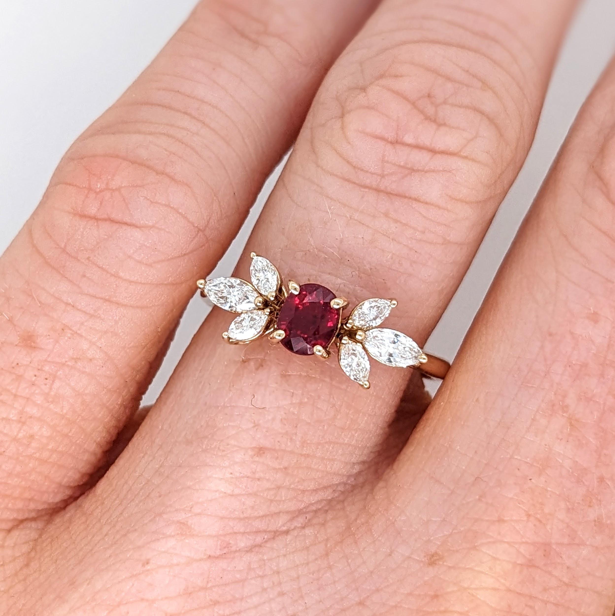This beautiful ring features a 0.67 carat oval Mozambique Ruby gemstone with a natural earth mined diamond triad on both sides set in solid 14K gold. This Ruby ring makes a lovely July birthstone gift for your loved ones! 

Specifications

Item