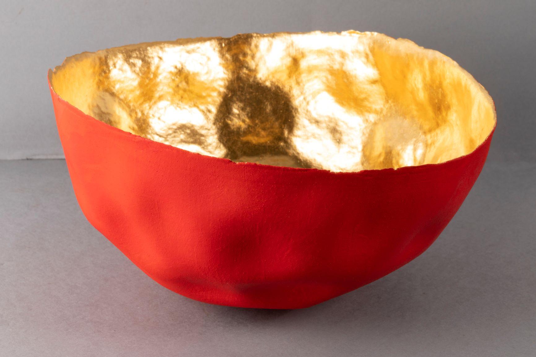 European Beautiful Red Thin Porcelain Bowl, Interior Gilded by Aline Toupry, France, 2019