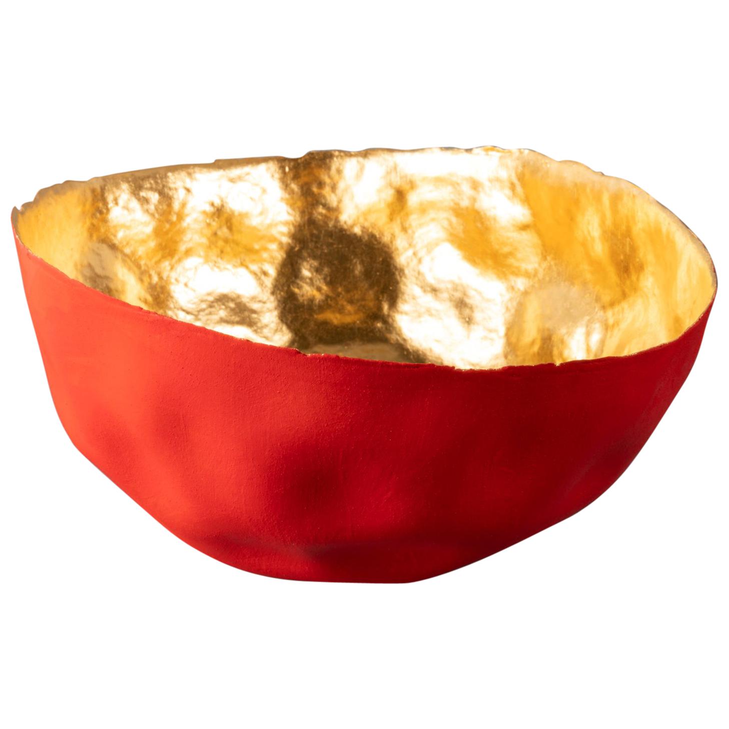 Beautiful Red Thin Porcelain Bowl, Interior Gilded by Aline Toupry, France, 2019