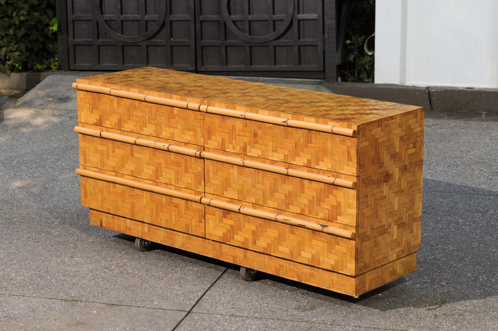 Beautiful Restored Bamboo and Cane Parquetry Chest, circa 1975 For Sale 9