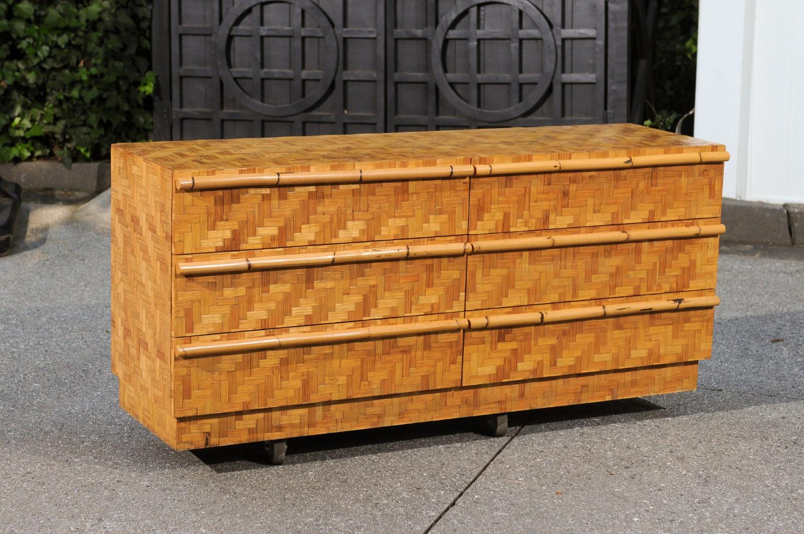 Organic Modern Beautiful Restored Bamboo and Cane Parquetry Chest, circa 1975 For Sale