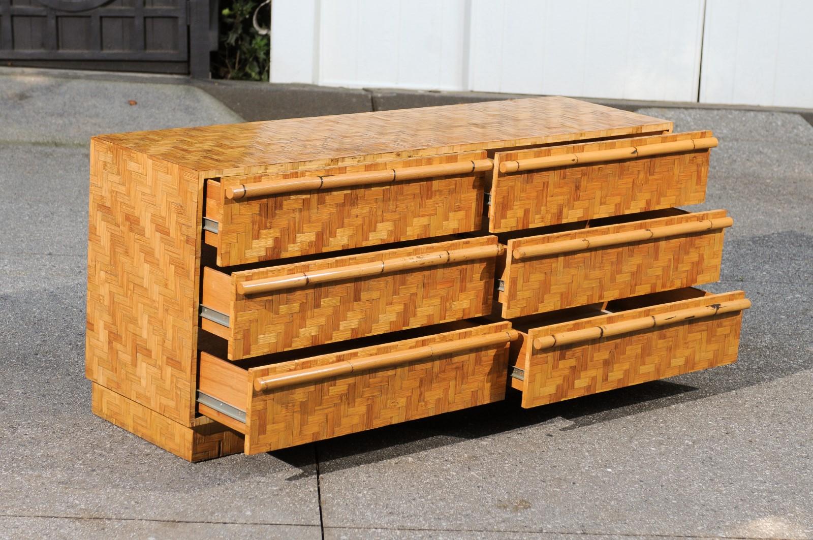 Unknown Beautiful Restored Bamboo and Cane Parquetry Chest, circa 1975 For Sale