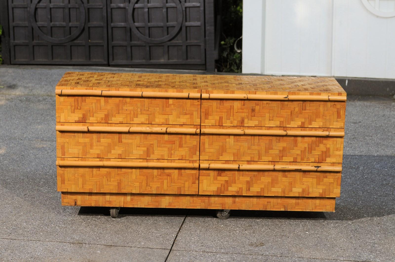 Late 20th Century Beautiful Restored Bamboo and Cane Parquetry Chest, circa 1975 For Sale