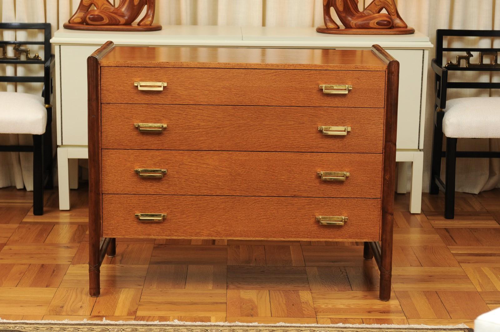 Leather Beautiful Oak, Rattan and Cane Commode by McGuire, circa 1970- Pair Available  For Sale