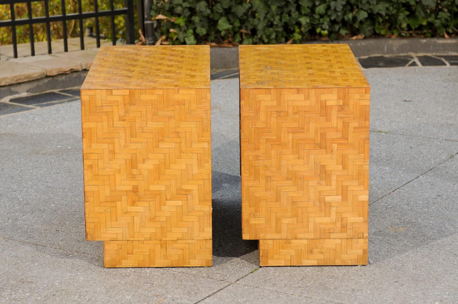 Beautiful Restored Pair of Bamboo and Cane Parquetry Commodes, circa 1975 For Sale 6