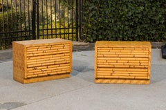 Beautiful Restored Pair of Bamboo and Cane Parquetry Commodes, circa 1975
