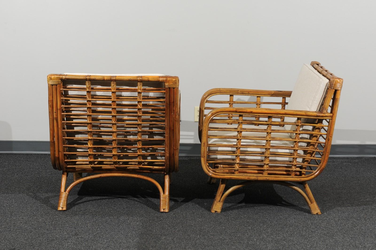 Beautiful Restored Pair of Birdcage Style Rattan and Cane Loungers, circa 1955 5