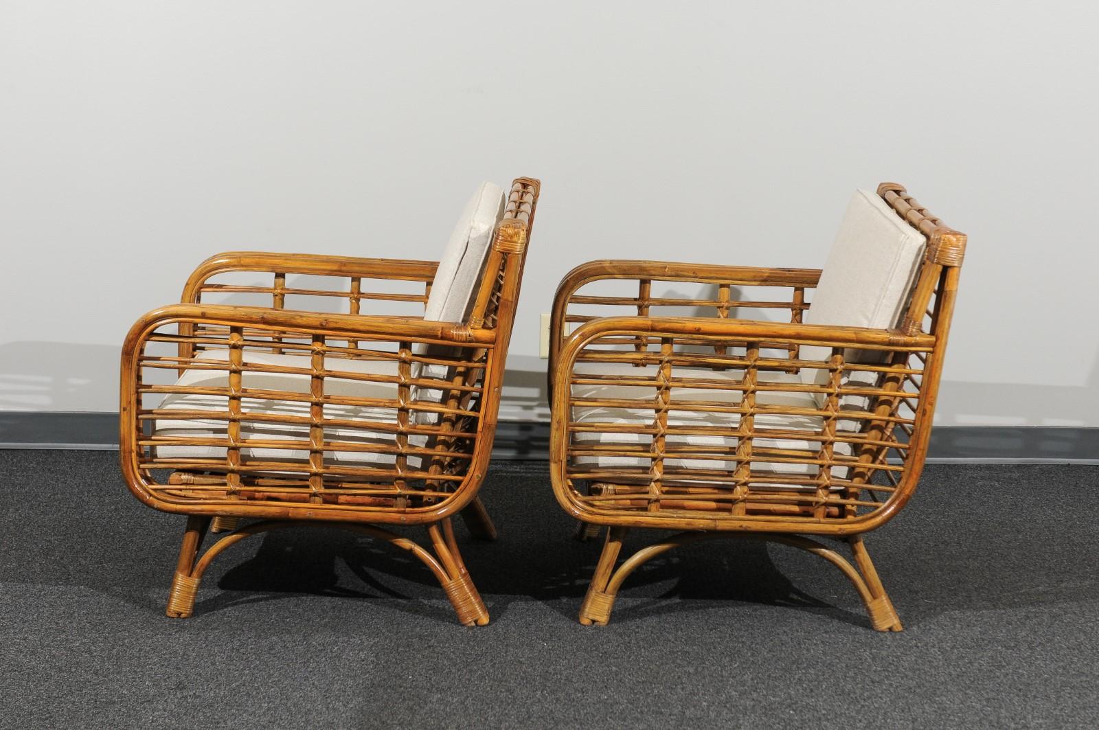 Beautiful Restored Pair of Birdcage Style Rattan and Cane Loungers, circa 1955 6