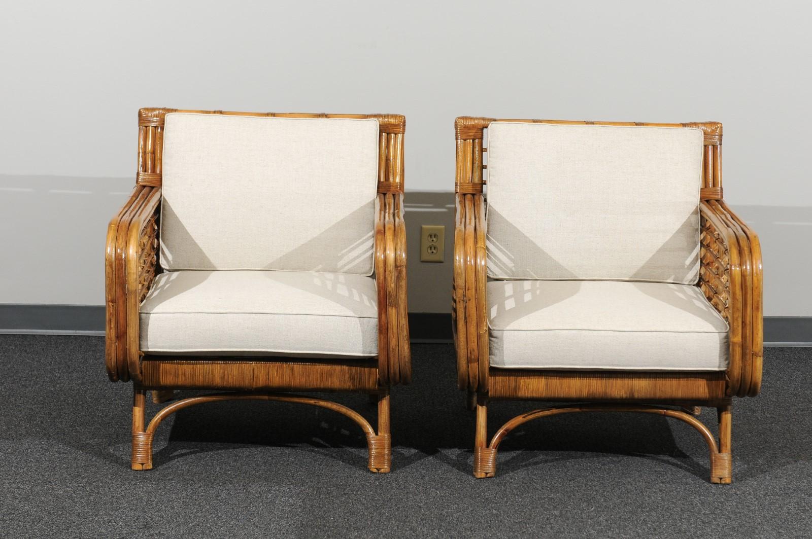 Beautiful Restored Pair of Birdcage Style Rattan and Cane Loungers, circa 1955 8