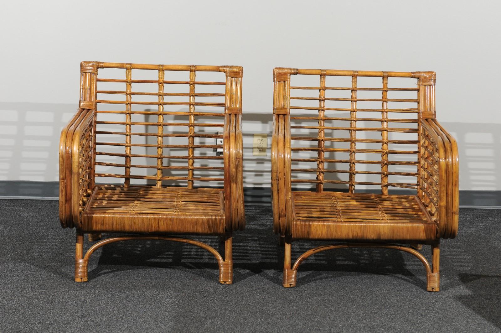 Beautiful Restored Pair of Birdcage Style Rattan and Cane Loungers, circa 1955 9