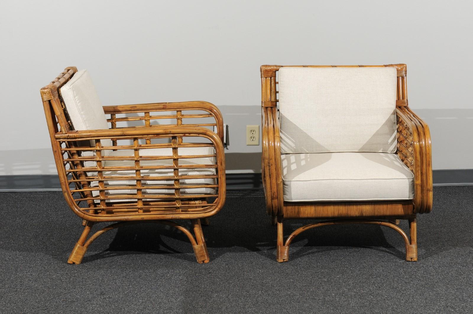 Beautiful Restored Pair of Birdcage Style Rattan and Cane Loungers, circa 1955 In Excellent Condition In Atlanta, GA