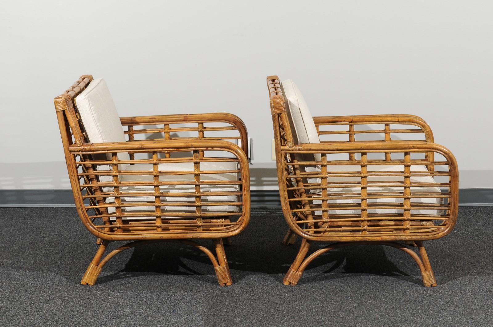 Beautiful Restored Pair of Birdcage Style Rattan and Cane Loungers, circa 1955 1