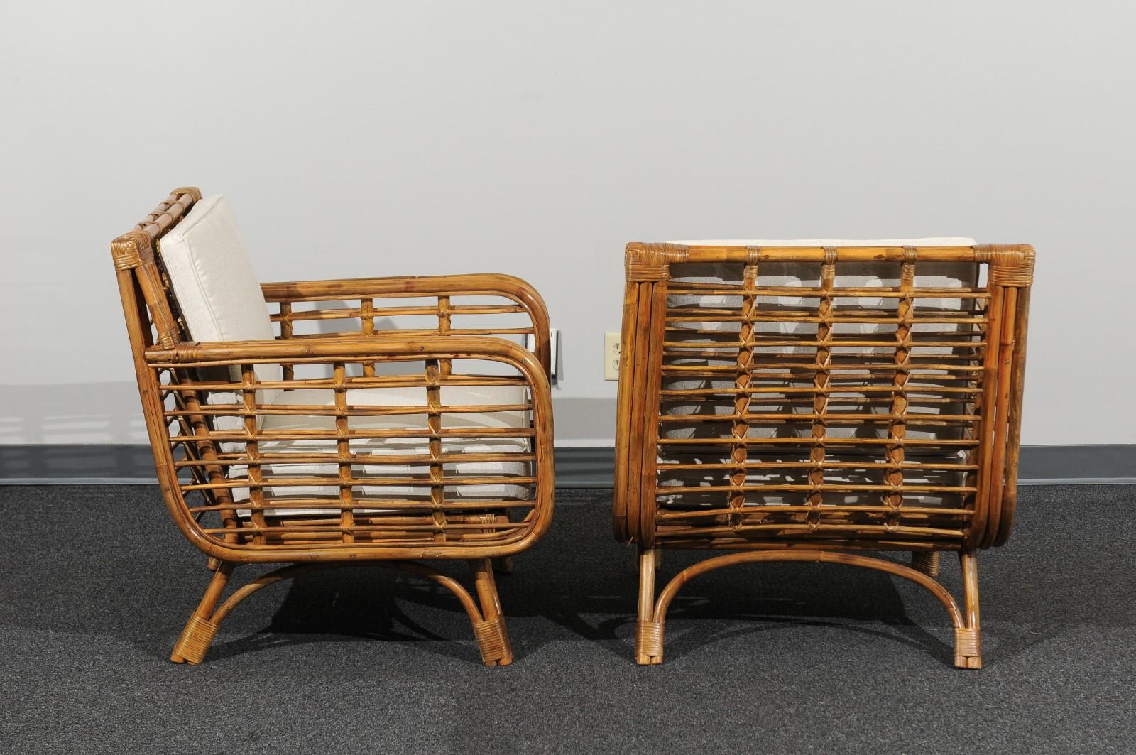 Beautiful Restored Pair of Birdcage Style Rattan and Cane Loungers, circa 1955 2