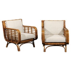 Vintage Beautiful Restored Pair of Birdcage Style Rattan and Cane Loungers, circa 1955