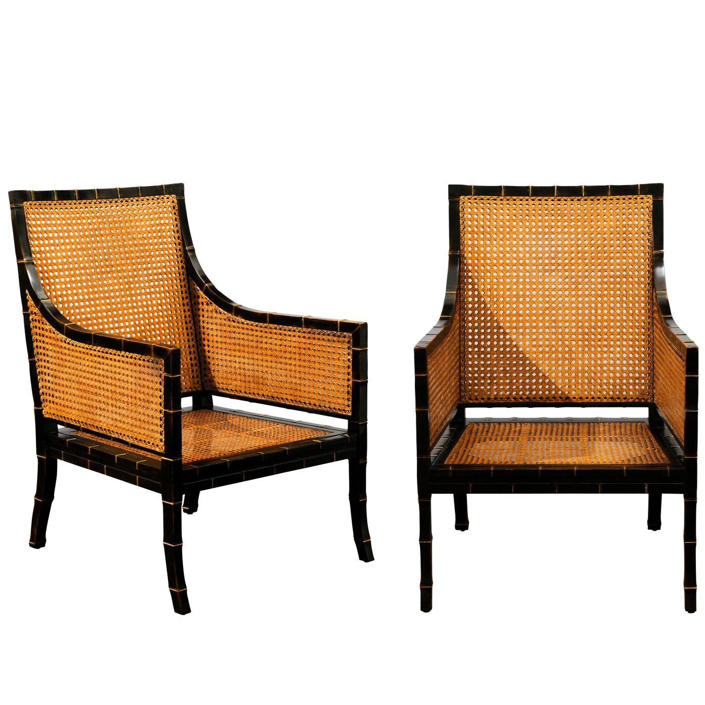 Beautiful Pair of Large Scale Double-Sided Cane Club Chairs - 2 Pair Available