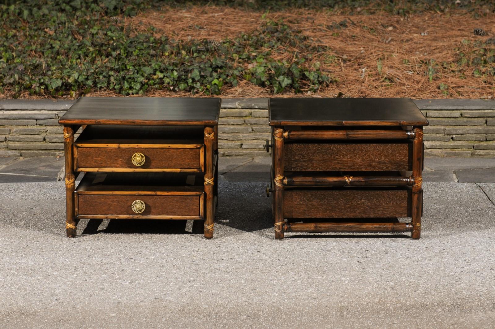 Beautiful Restored Pair of Mahogany, Rattan and Brass End Tables by McGuire For Sale 4