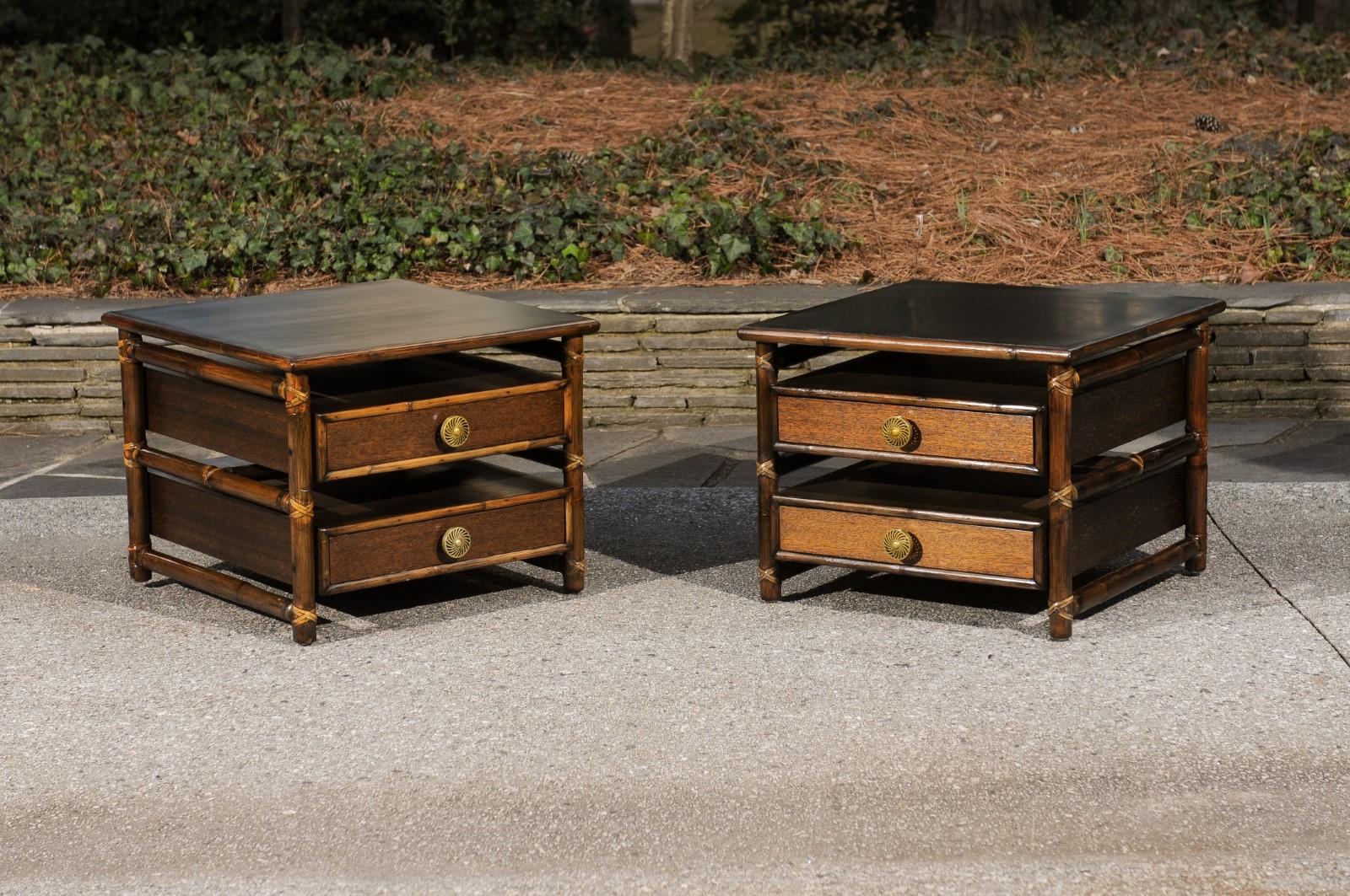 Beautiful Restored Pair of Mahogany, Rattan and Brass End Tables by McGuire For Sale 5