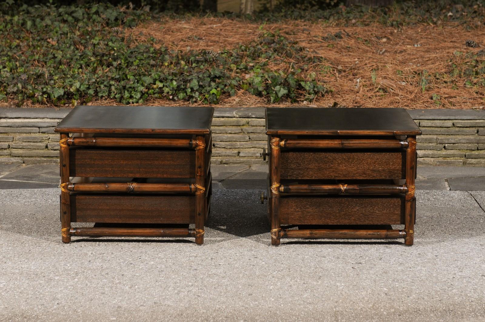 Beautiful Restored Pair of Mahogany, Rattan and Brass End Tables by McGuire For Sale 7