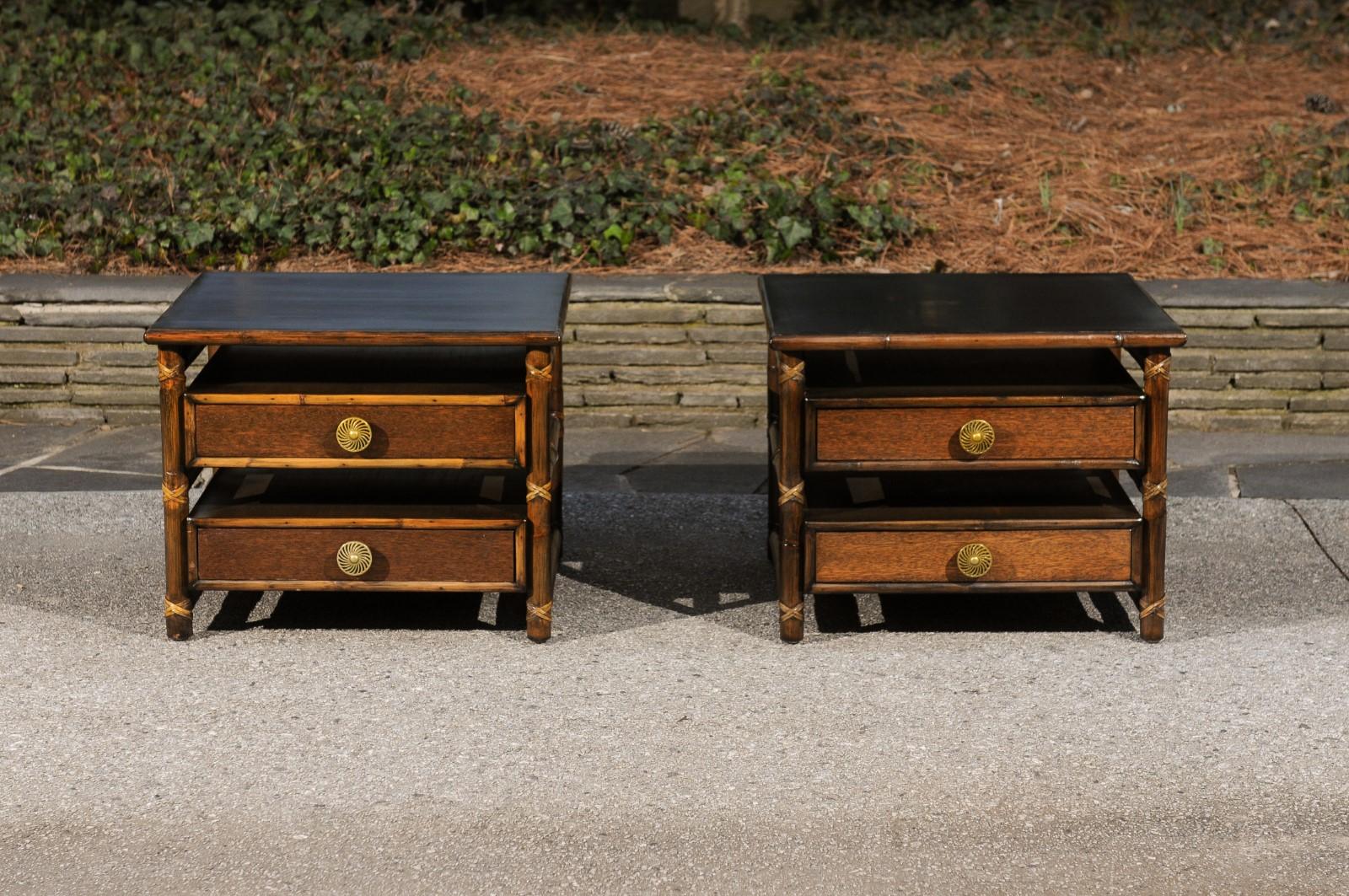 Beautiful Restored Pair of Mahogany, Rattan and Brass End Tables by McGuire In Excellent Condition For Sale In Atlanta, GA