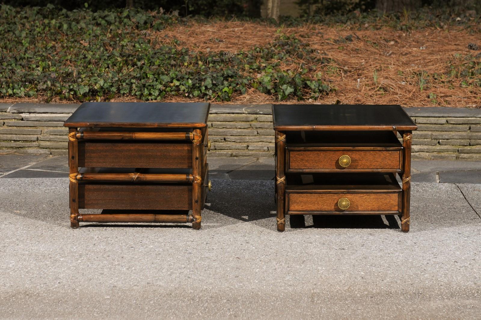 Late 20th Century Beautiful Restored Pair of Mahogany, Rattan and Brass End Tables by McGuire For Sale