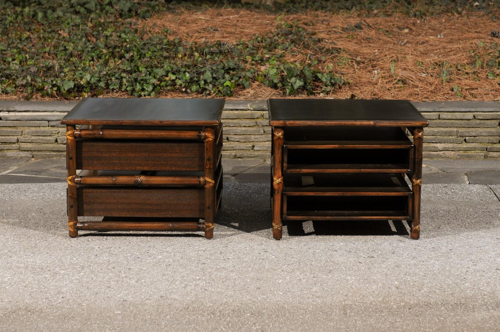 Beautiful Restored Pair of Mahogany, Rattan and Brass End Tables by McGuire For Sale 3