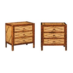 Beautiful Restored Pair of Vintage Tortoiseshell Bamboo and Cane Small Chests