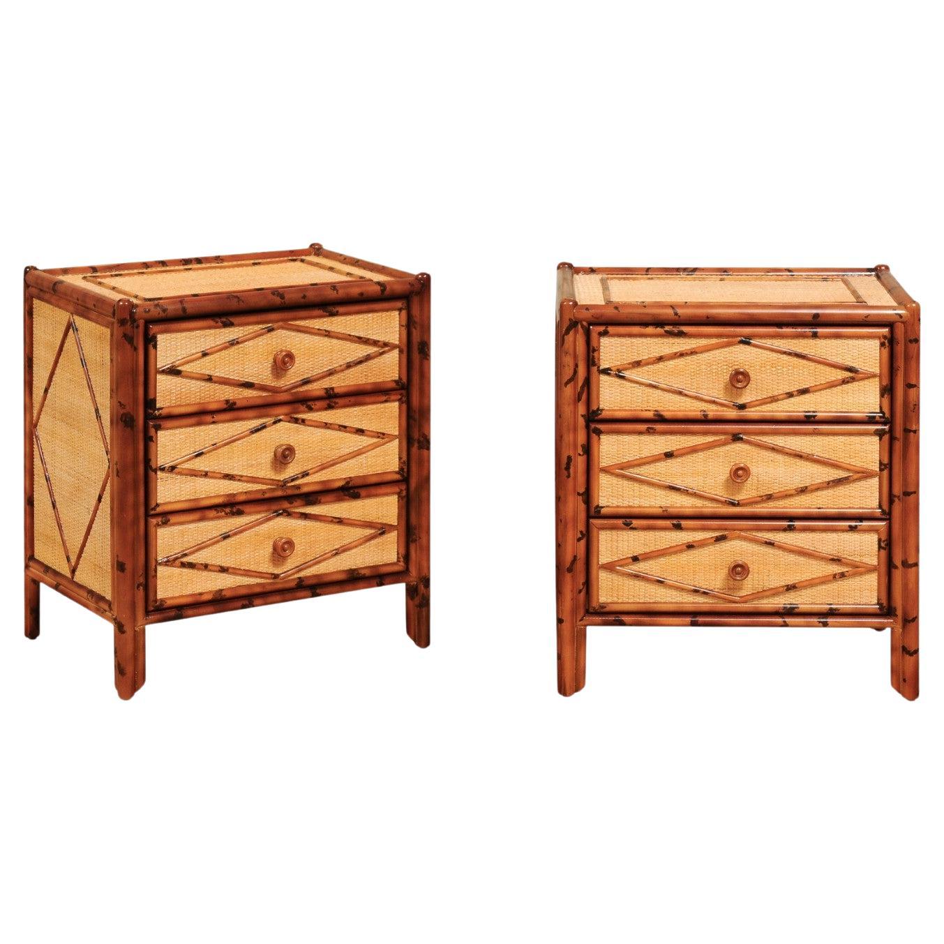 Beautiful Restored Pair of Vintage Tortoiseshell Bamboo and Cane Small Chests