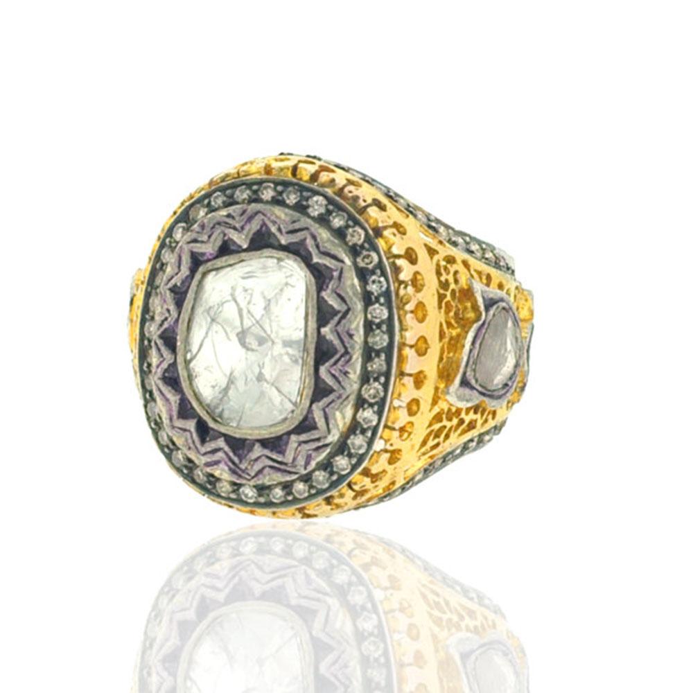 Rose Cut Beautiful Ring with Side & Center Diamonds & Pave Diamonds in Ornamental Design For Sale