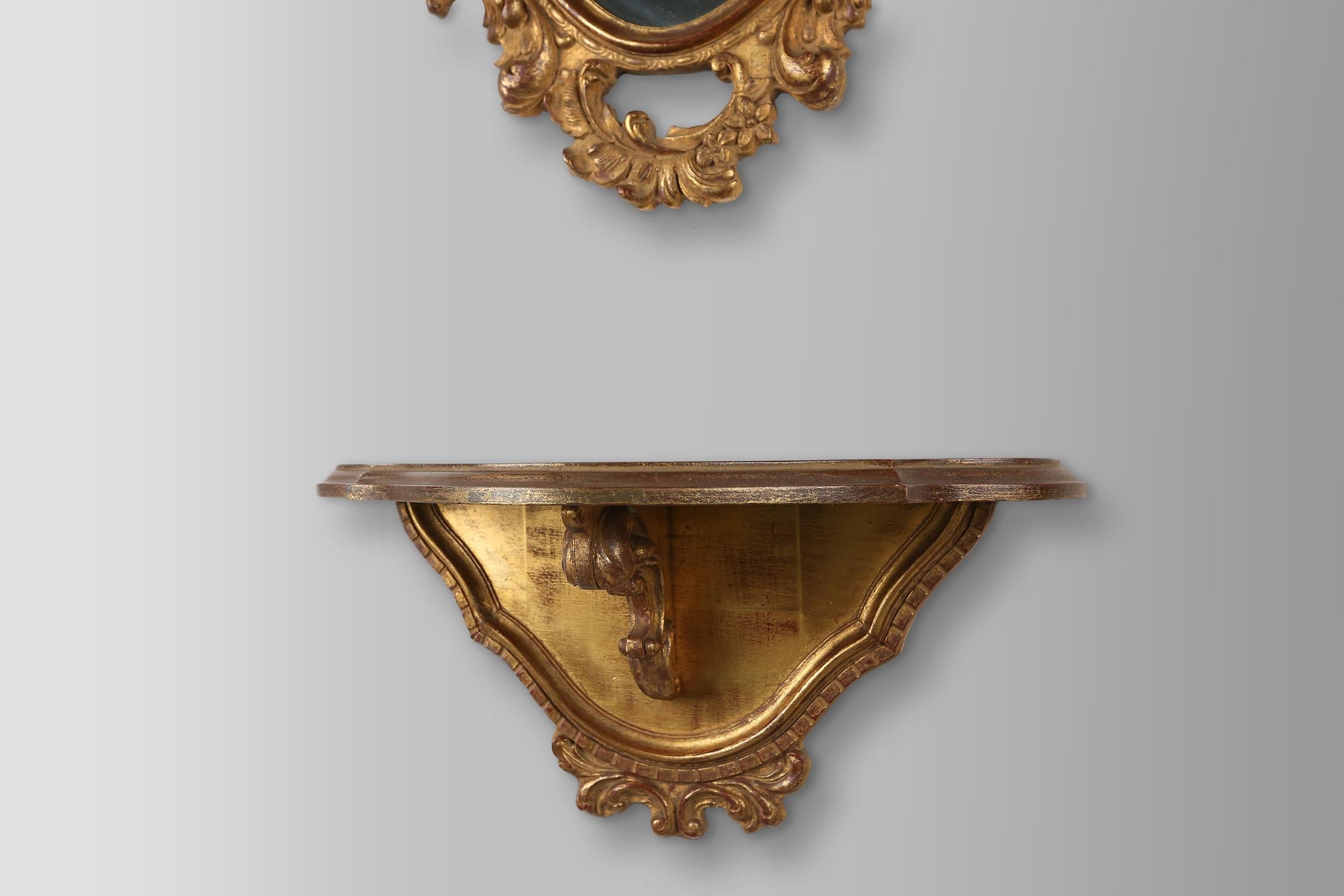 Baroque Beautiful Rococo mirror with stand in wood and gold leaf, Deknudt Belgium, 50s For Sale