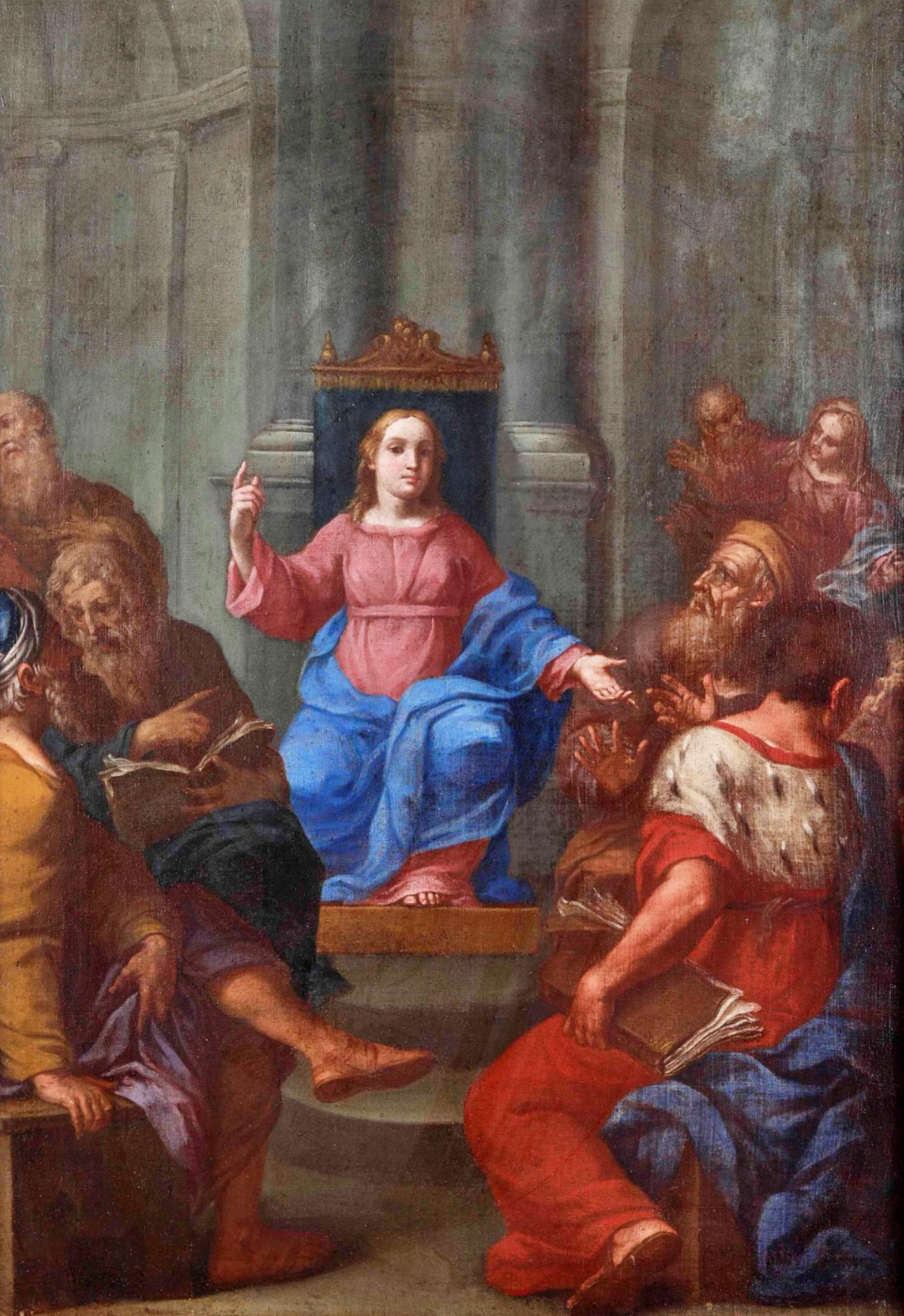 italien Belle école romaine du 17e siècle « Jésus parmi les médecins » en vente
