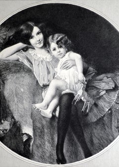 Beautiful romantic engraving of a brother and sister from the early 20th century