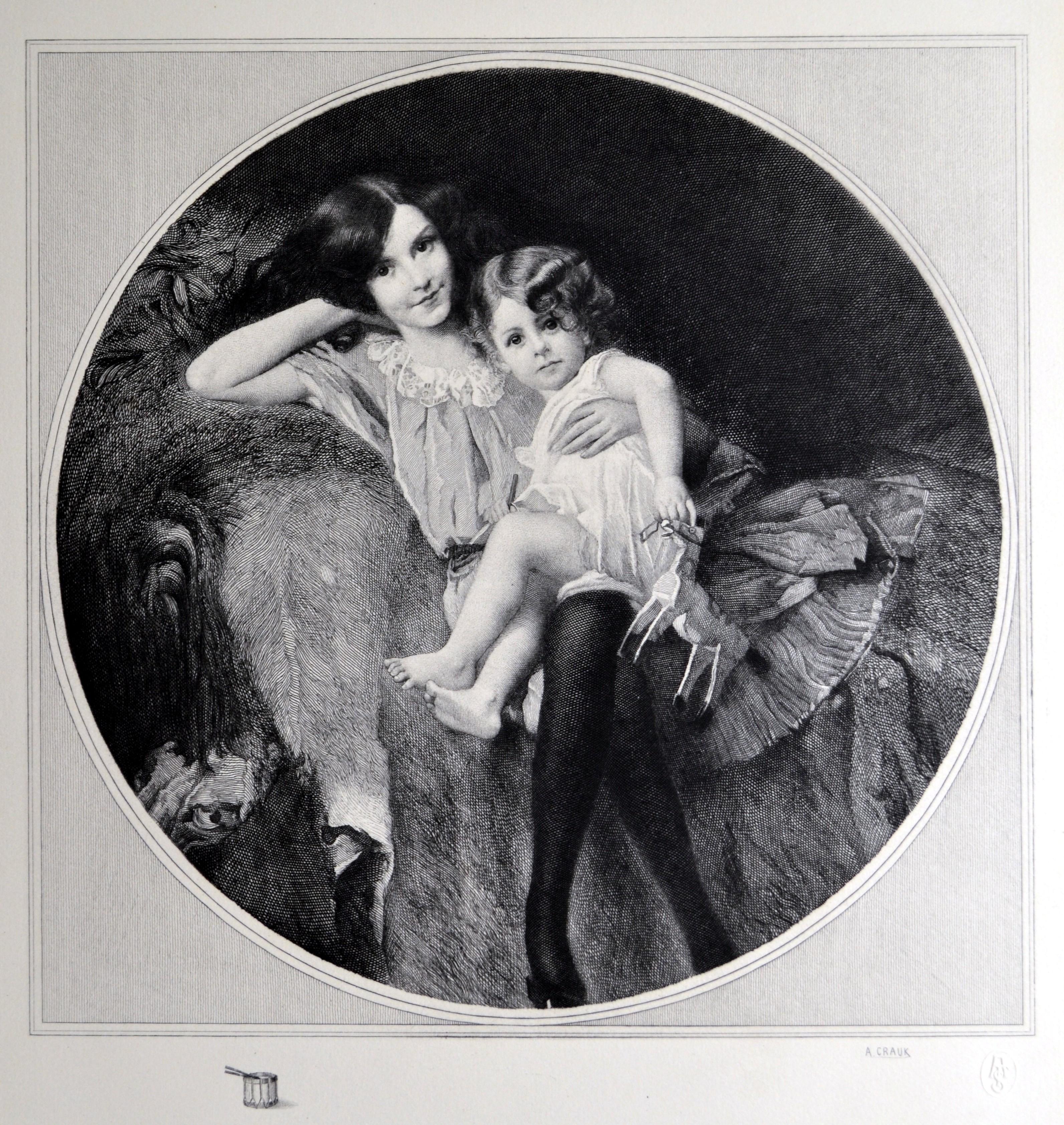 Precioso grabado romántico de un hermano y una hermana de principios del siglo XX Romántico en venta