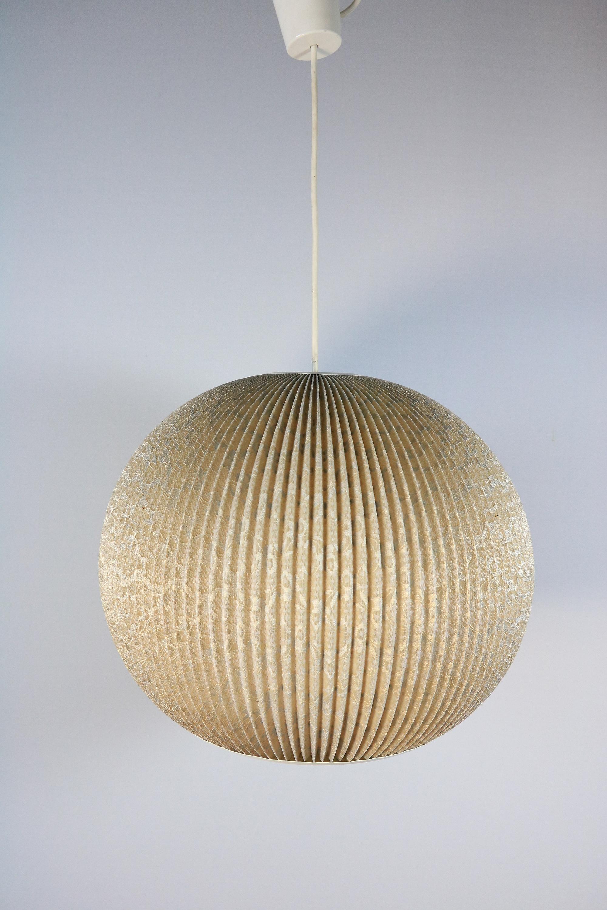 Mid-Century Modern Beautiful Round Hanging Lamp, pleated Lampshade, 1960s, Germany For Sale